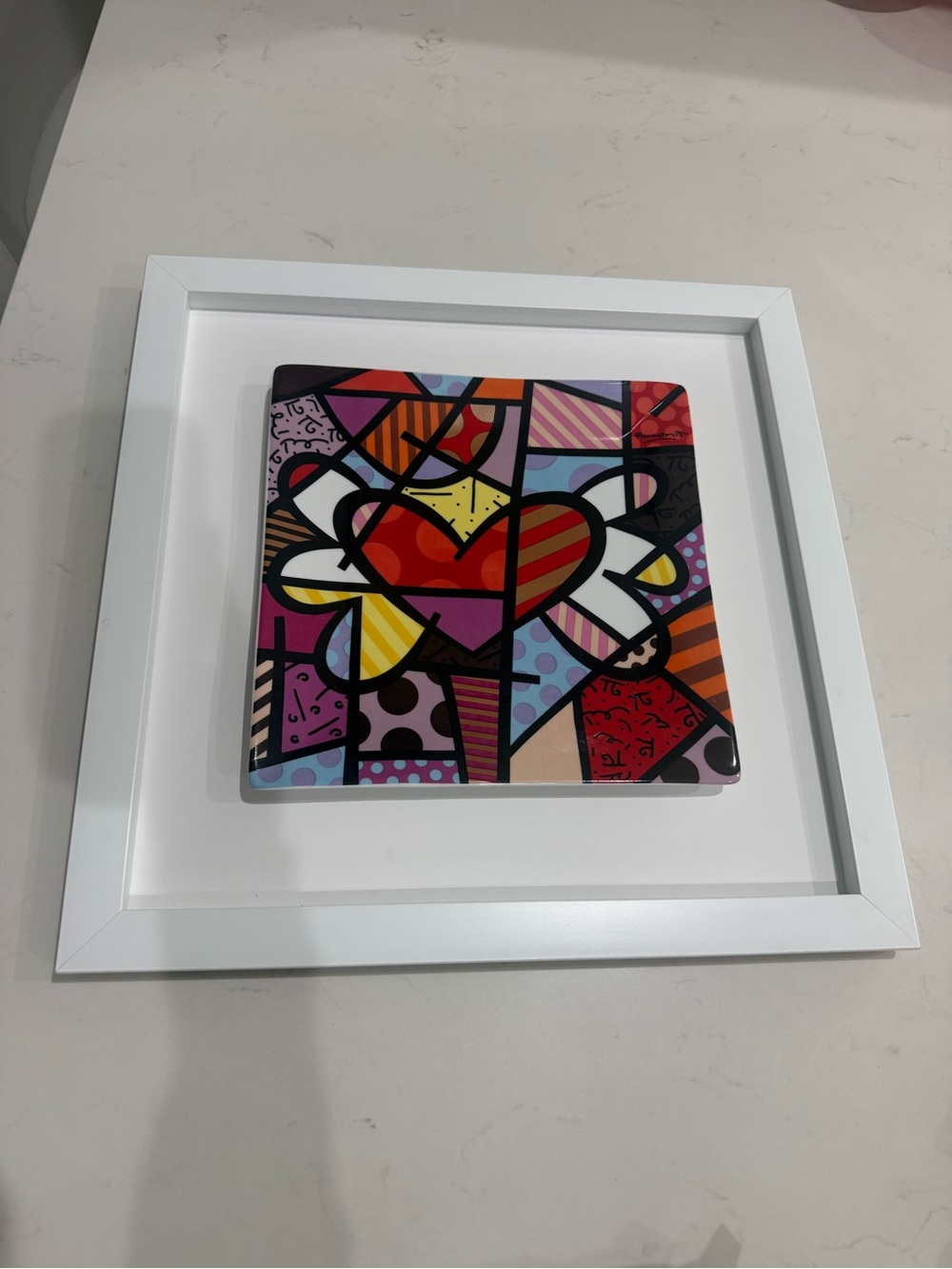 Romero Britto heart plate with frame 16x16inches
